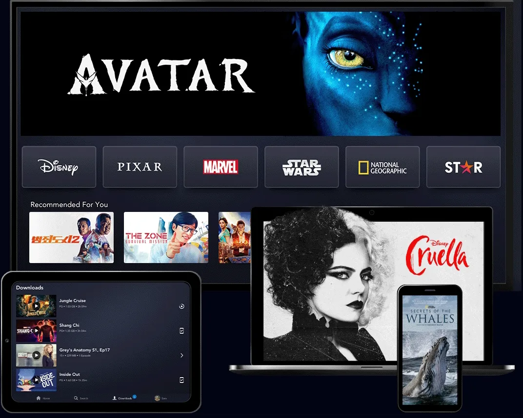 4 Devices showcasing the Disney+ product on TV, Mobile, Laptop, and Tablet