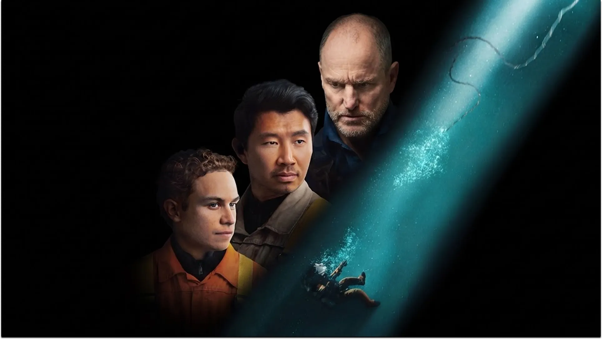 Finn Cole as Chris Lemons, Simu Liu as David Yuasa and Woody Harrelson as Duncan Allcock in Last Breath
