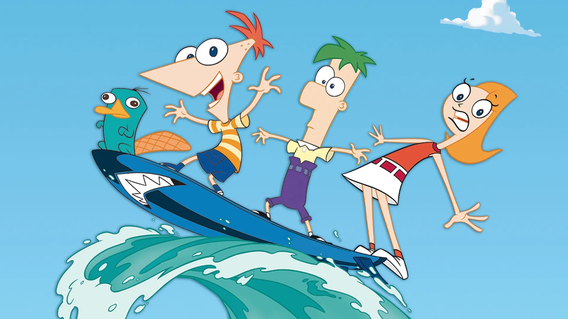Perry the Platypus, Phineas, Ferb, and Candace riding a wave on a surfboard.
