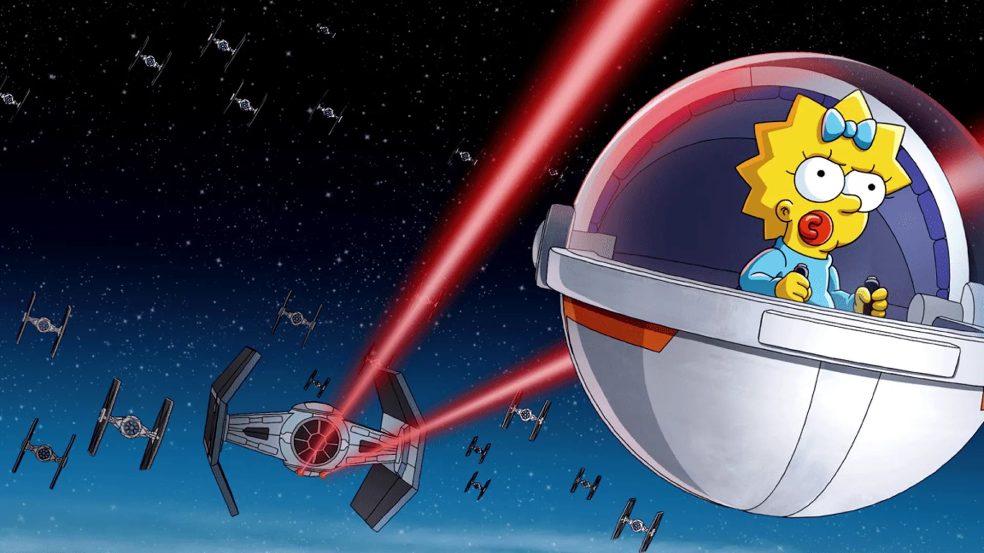 Maggie Simpson flies a spherical spacecraft through deep space while firing red lasers at a fleet of attacking TIE fighters.