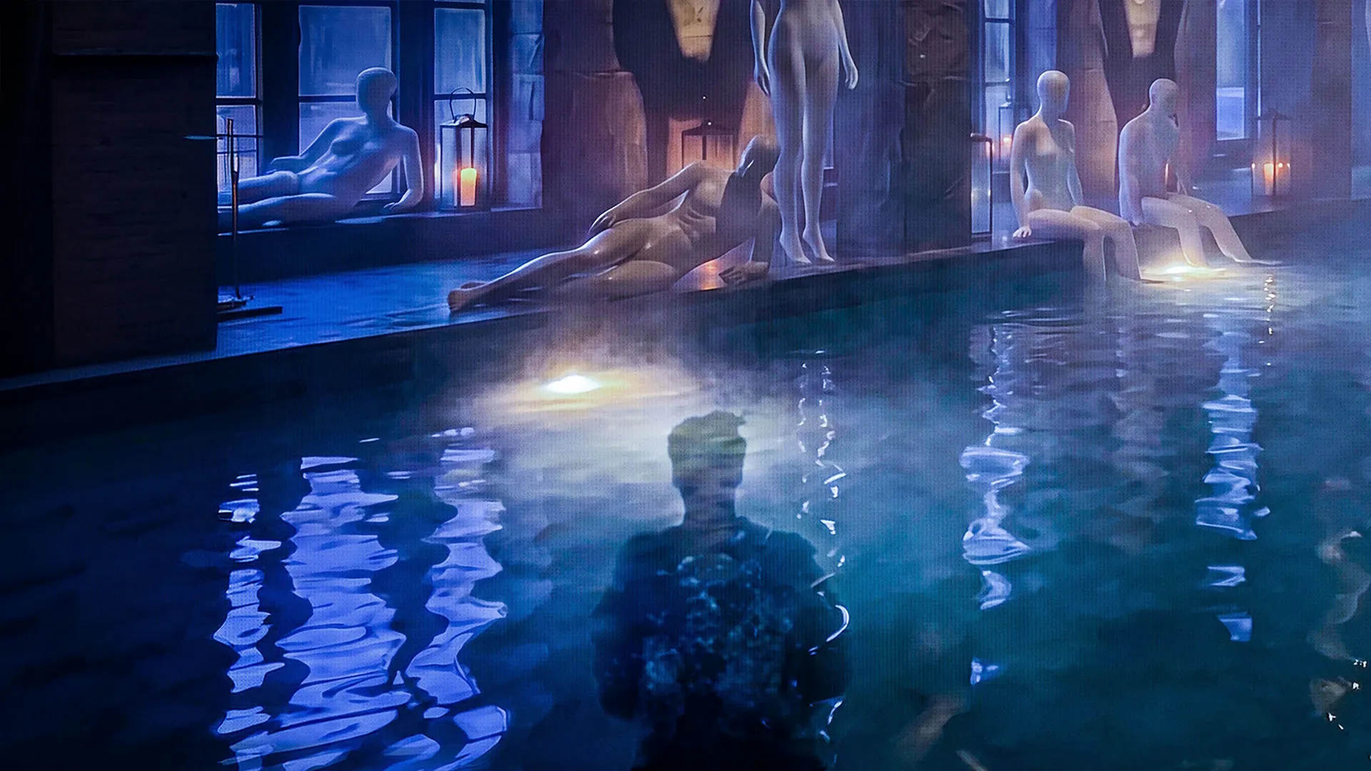 Key art for The Fox Hollow Murders featuring a shadowy figure standing in a dimly lit indoor pool surrounded by mannequins.
