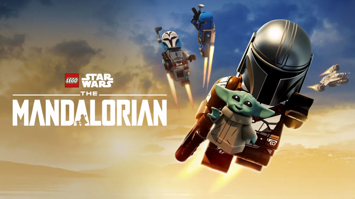 LEGO Star Wars The Mandalorian promotional artwork showing Mandalorians in flight