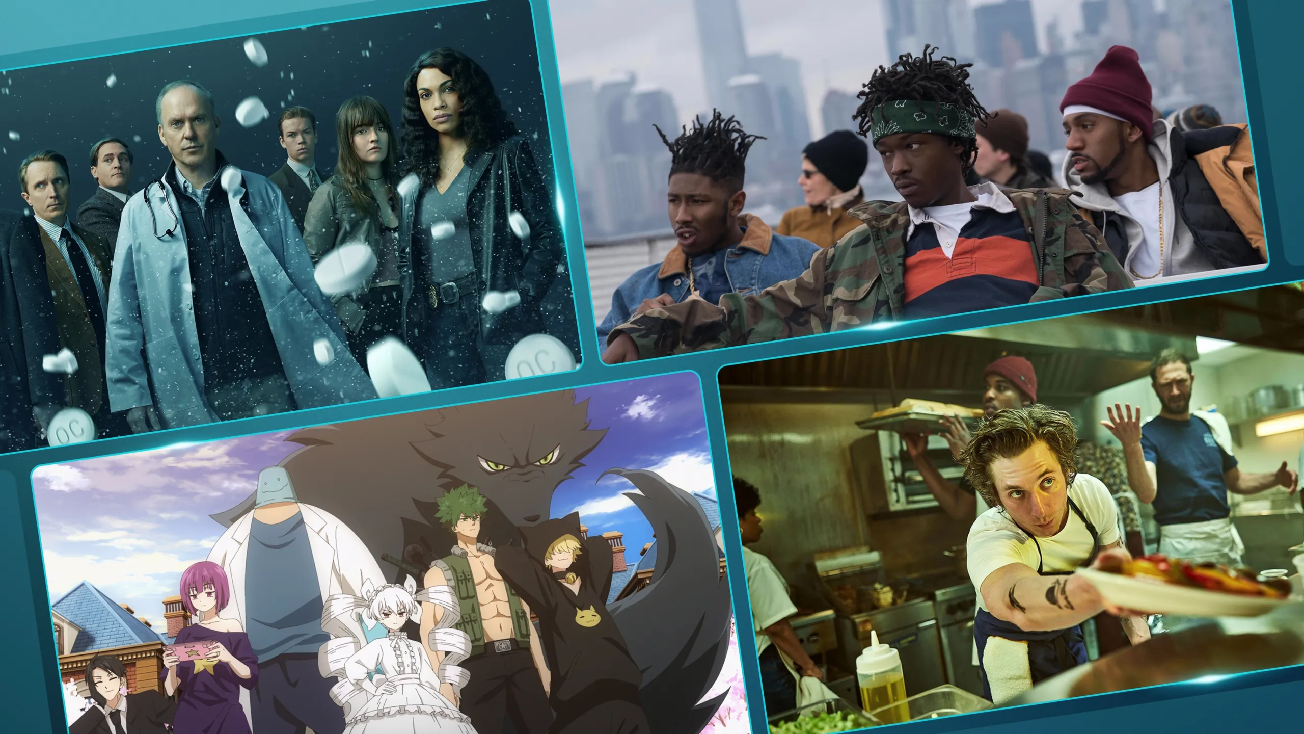 A collage of images from Dopesick, Wu-Tang: An American saga, Mission: Yozakura Family, and FX's The Bear