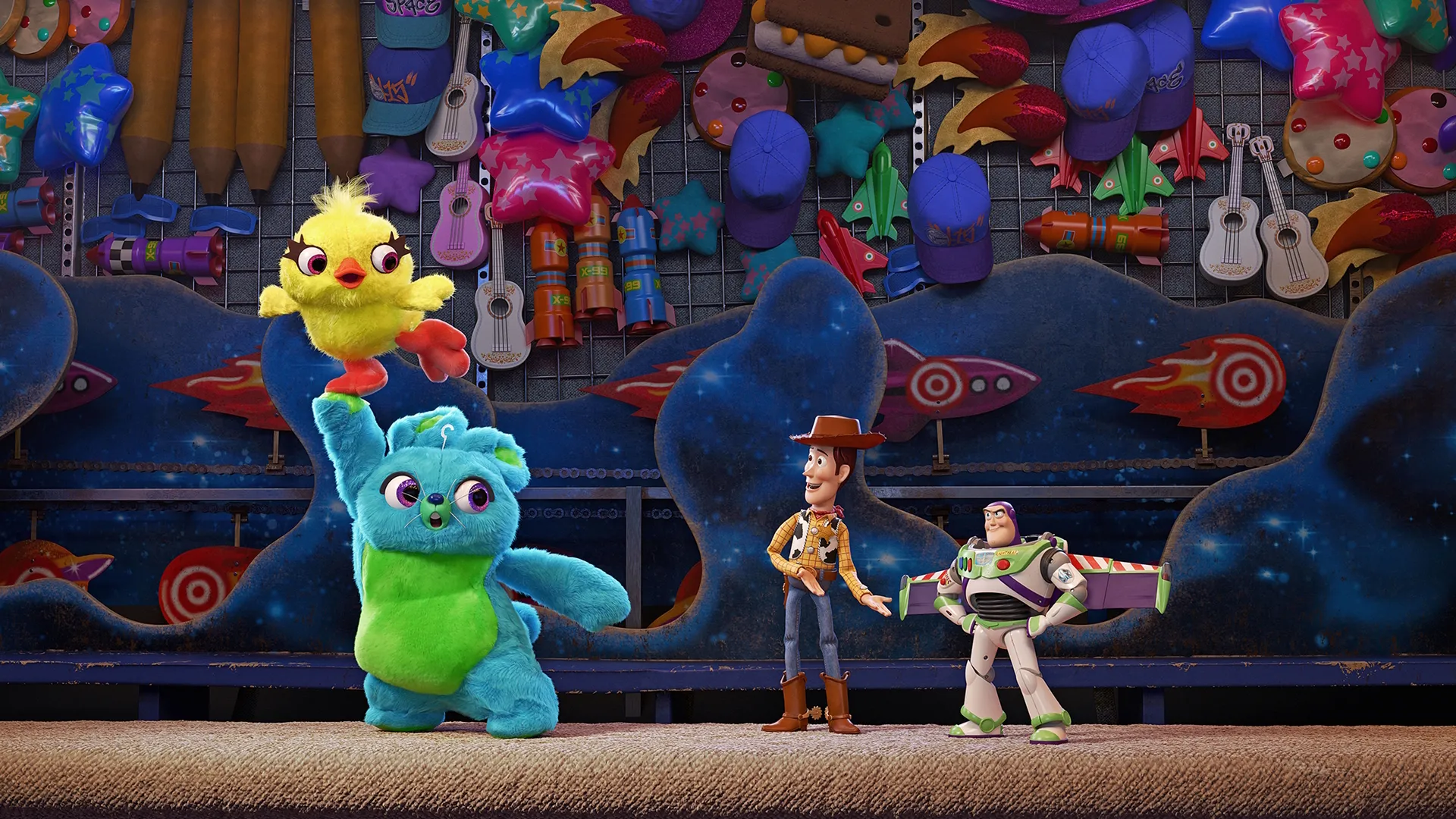 Ducky and Bunny standing on a carnival prize counter next to Woody and Buzz Lightyear in Disney and Pixar's Toy Story 4