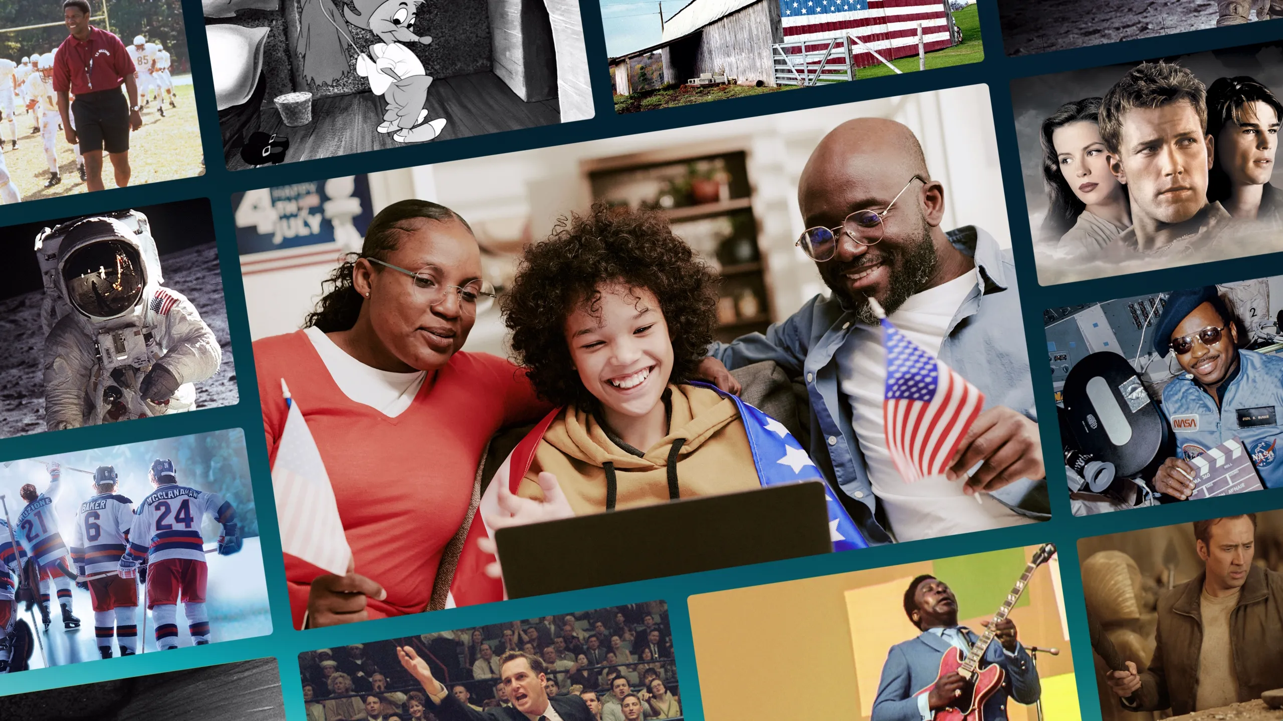 An image of a man, woman, and a child in front of a laptop, holding American flags. The central image is surrounded by images from the movies in this Watch Guide