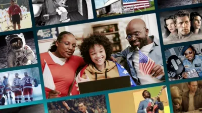 An image of a man, woman, and a child in front of a laptop, holding American flags. The central image is surrounded by images from the movies in this Watch Guide