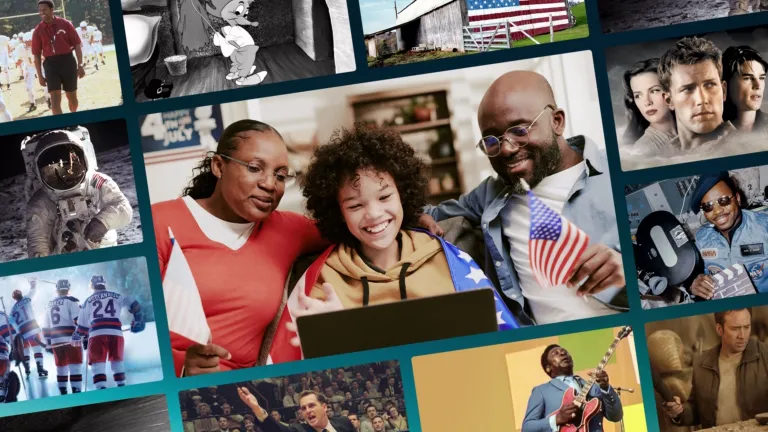 An image of a man, woman, and a child in front of a laptop, holding American flags. The central image is surrounded by images from the movies in this Watch Guide