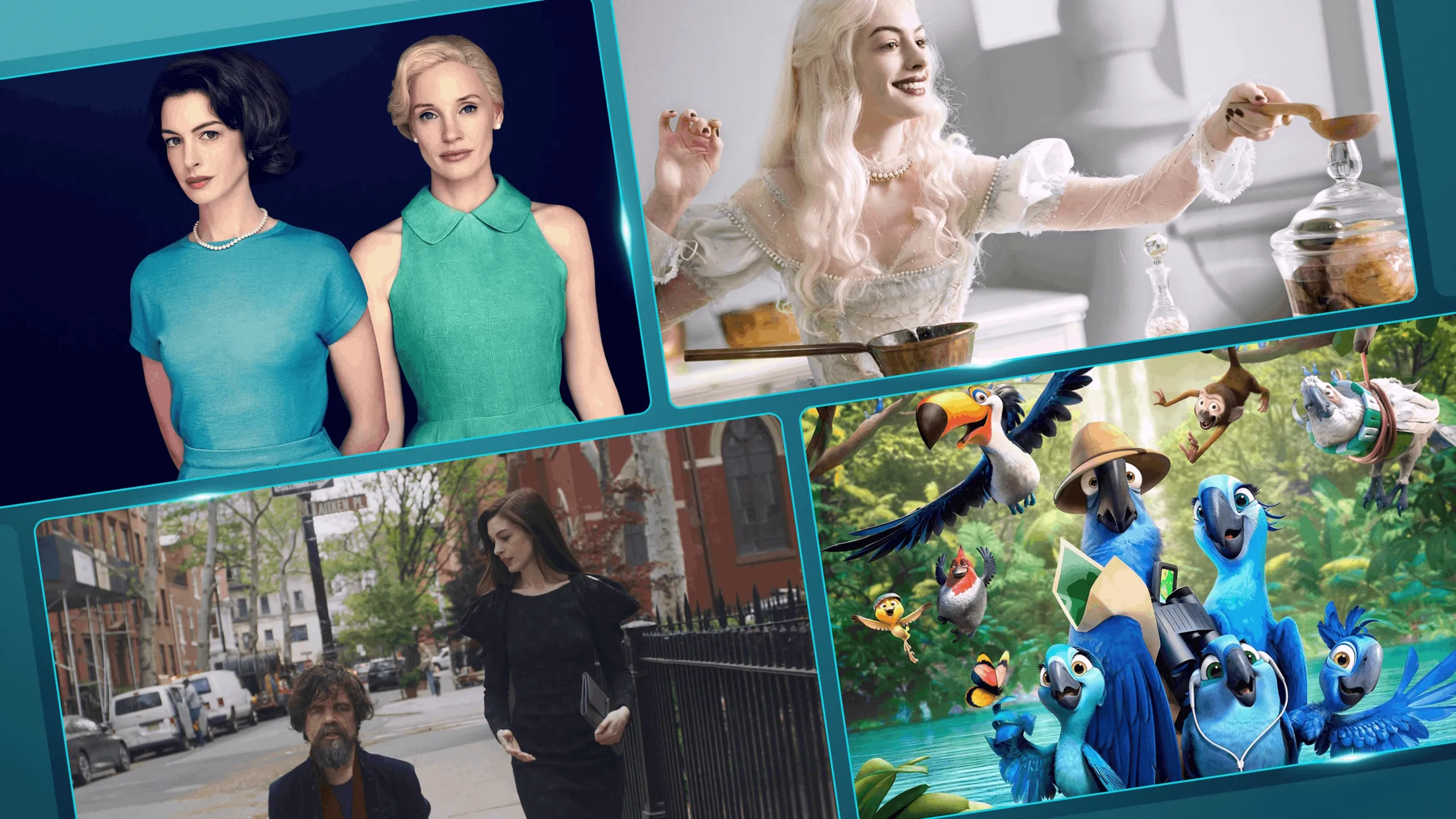 Promo grid showcasing movies featuring Anne Hathaway including Mother's Instinct, Alice in Wonderland, Rio, and She Came to Me.