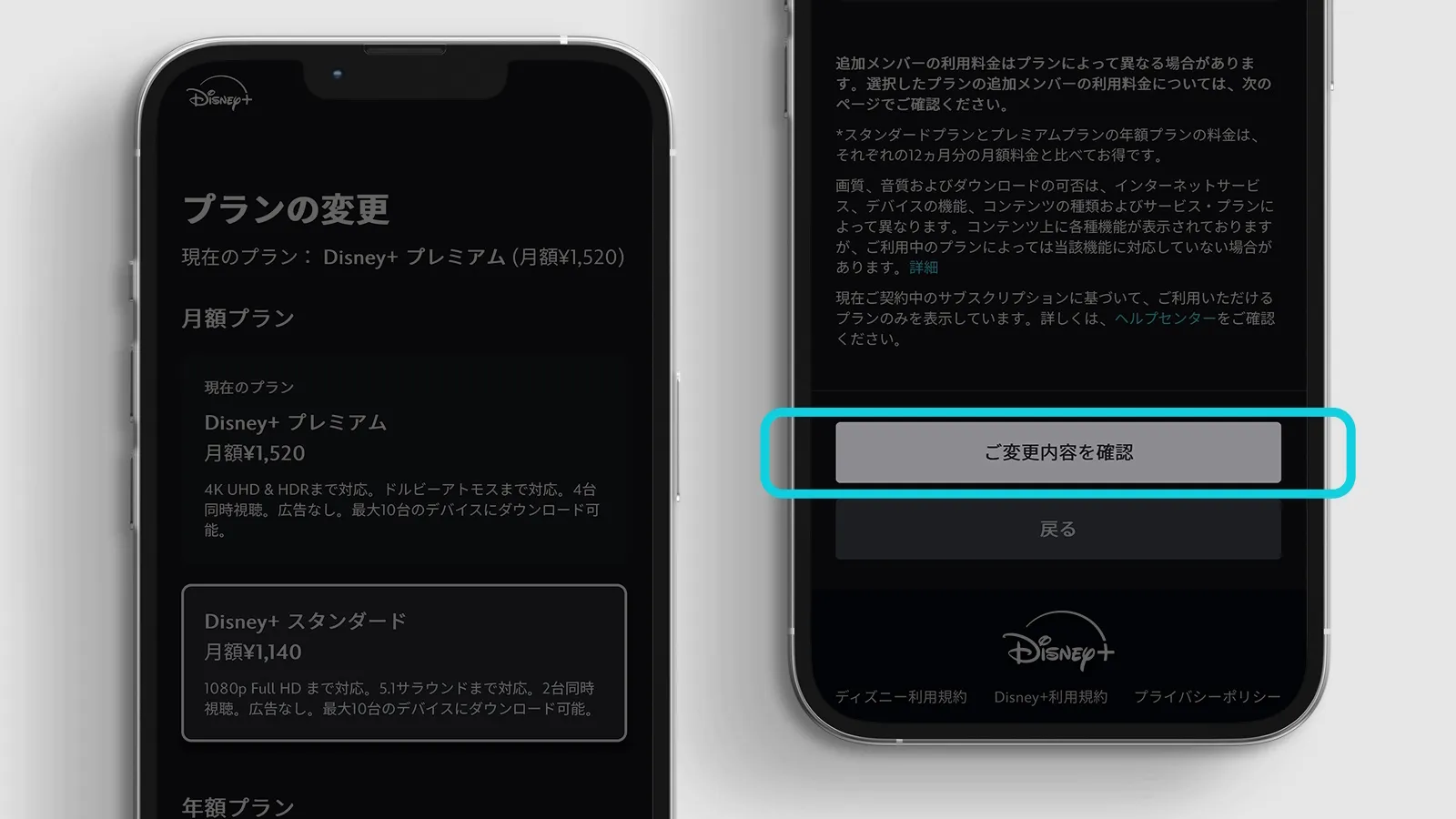 ディズニープラスのプラン変更内容確認画面