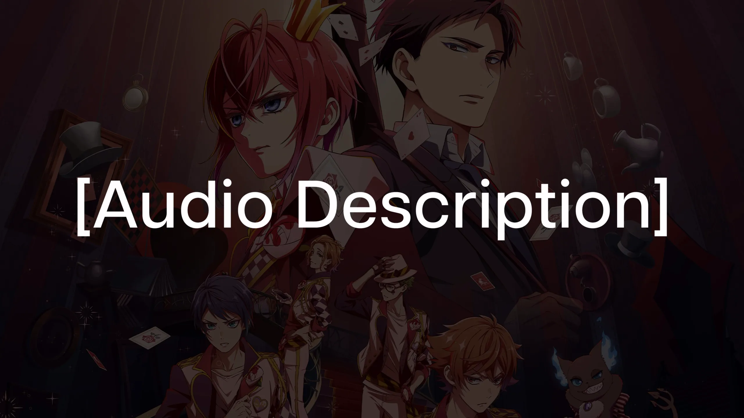 Darkened promotional artwork of Disney Twisted-Wonderland: The Animation. Overlaid text reads: Audio Description