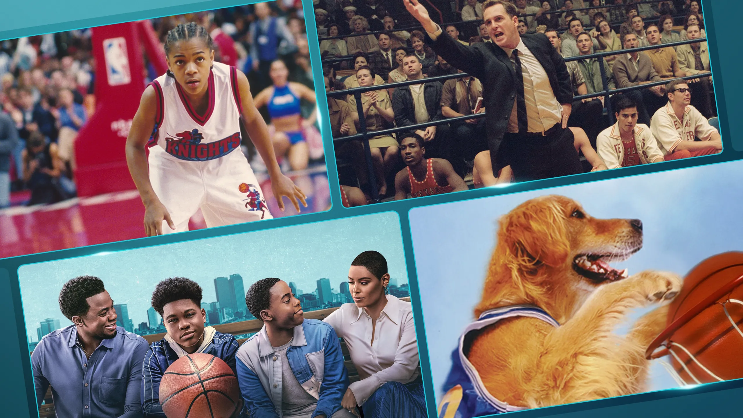 Four tile promo grid showcasing featured titles including Like Mike, Glory Road, The Crossover, and White Men Can't Jump (2023).