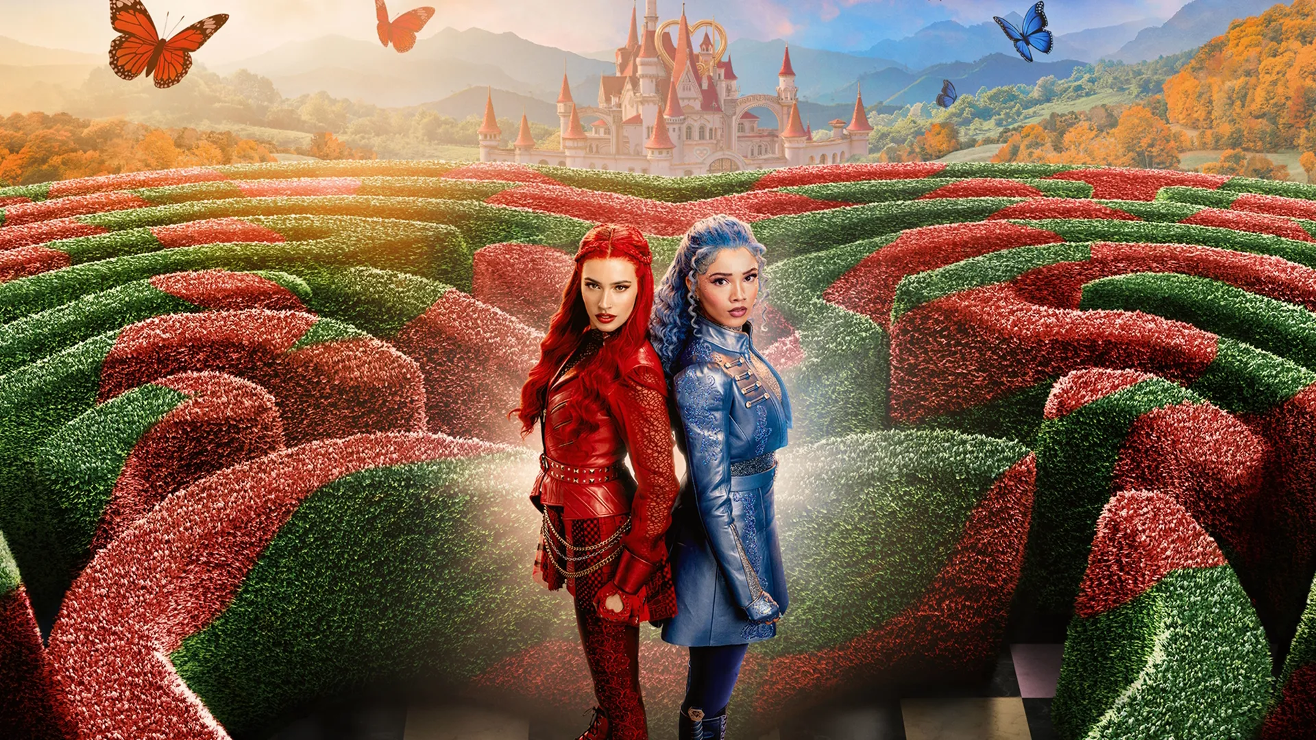 This poster showcases the upcoming Disney movie Descendants: Wicked Wonderland, featuring characters Red and Chloe set against a sprawling maze.