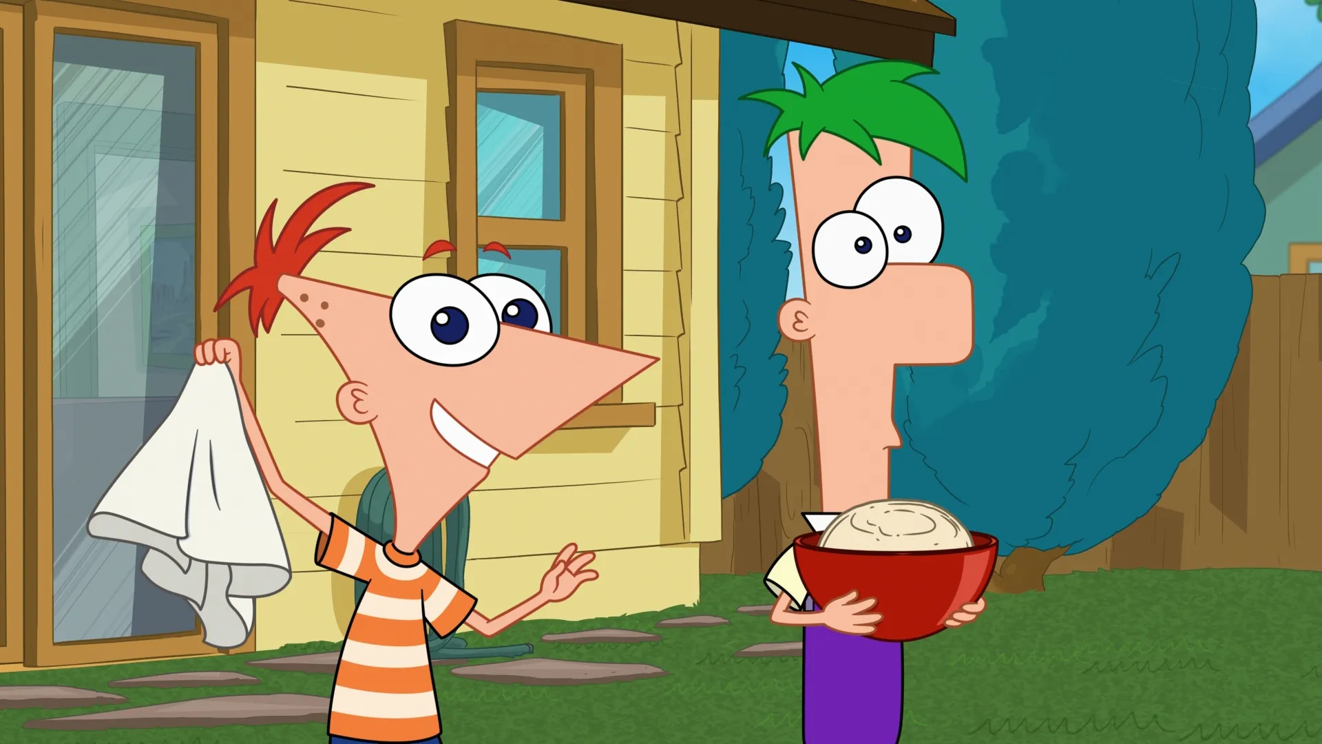 Phineas and Ferb in their back garden in an episode from Season 5.