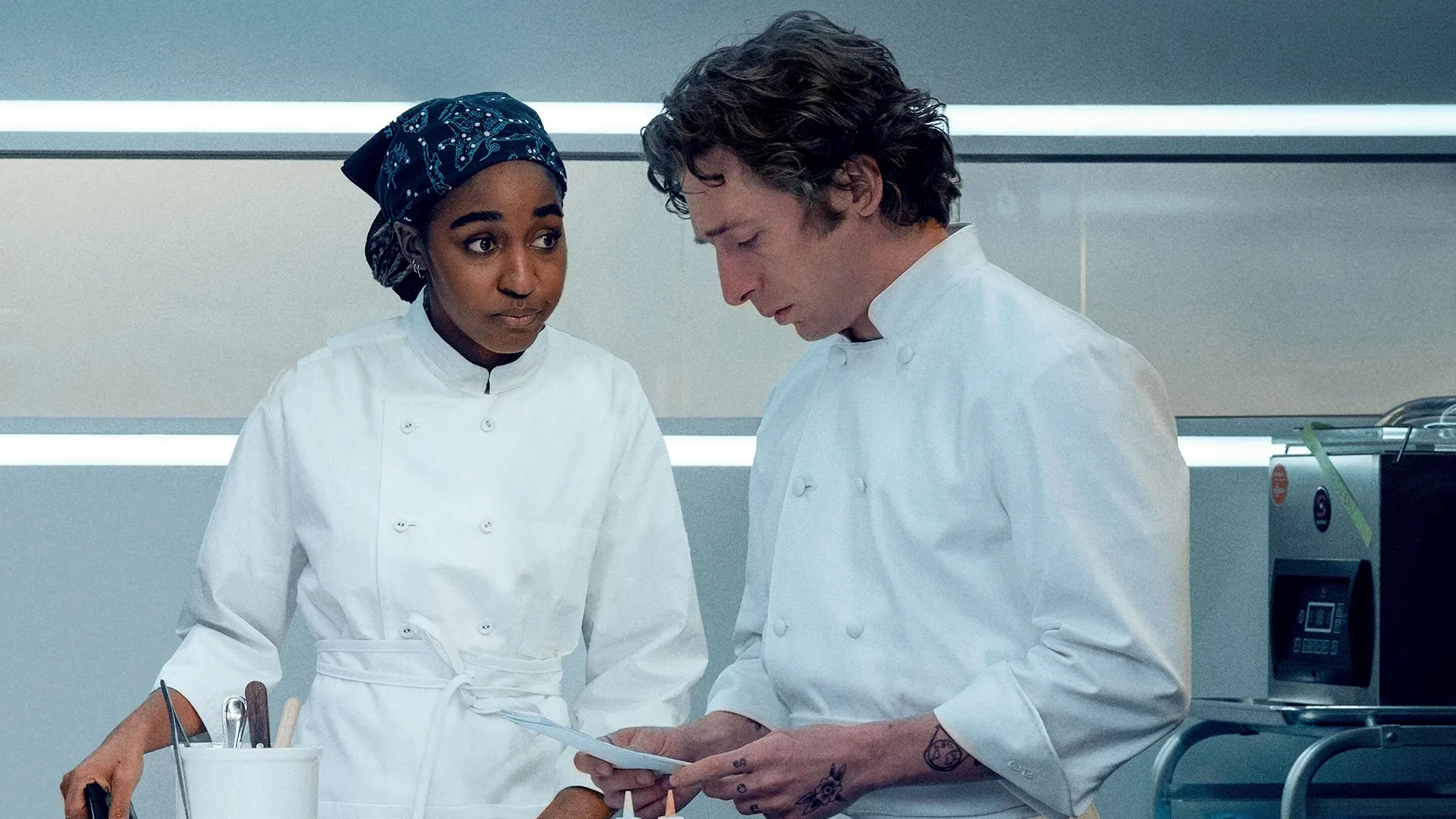 Emmy® nominees Ayo Edebiri and Jeremy Allen White as their characters, Sydney and Carmy in Season 3 of The Bear.