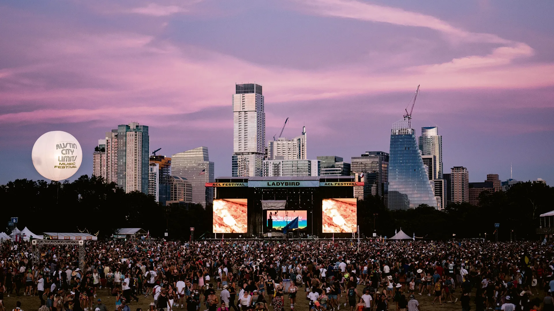 Austin City Limits at sunset with the cityscape in the background