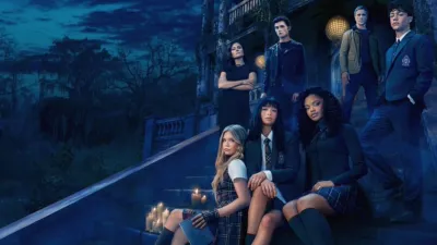Coven Academy key art featuring the cast at the entrance to the school.