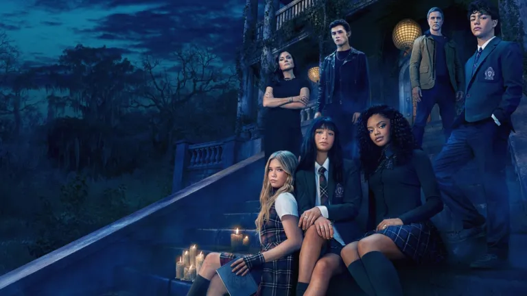Coven Academy key art featuring the cast at the entrance to the school.