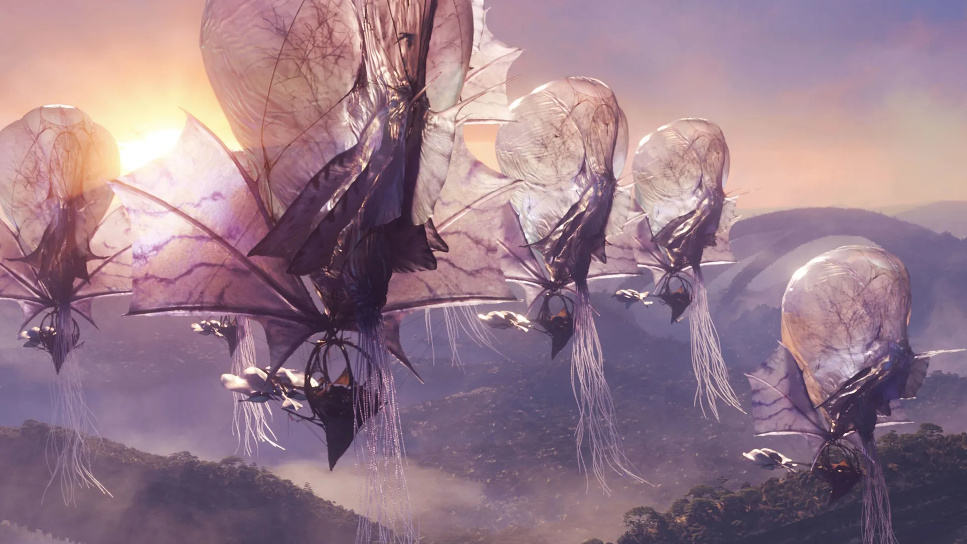 The Wind Traders' ships float over the Pandoran landscape.
