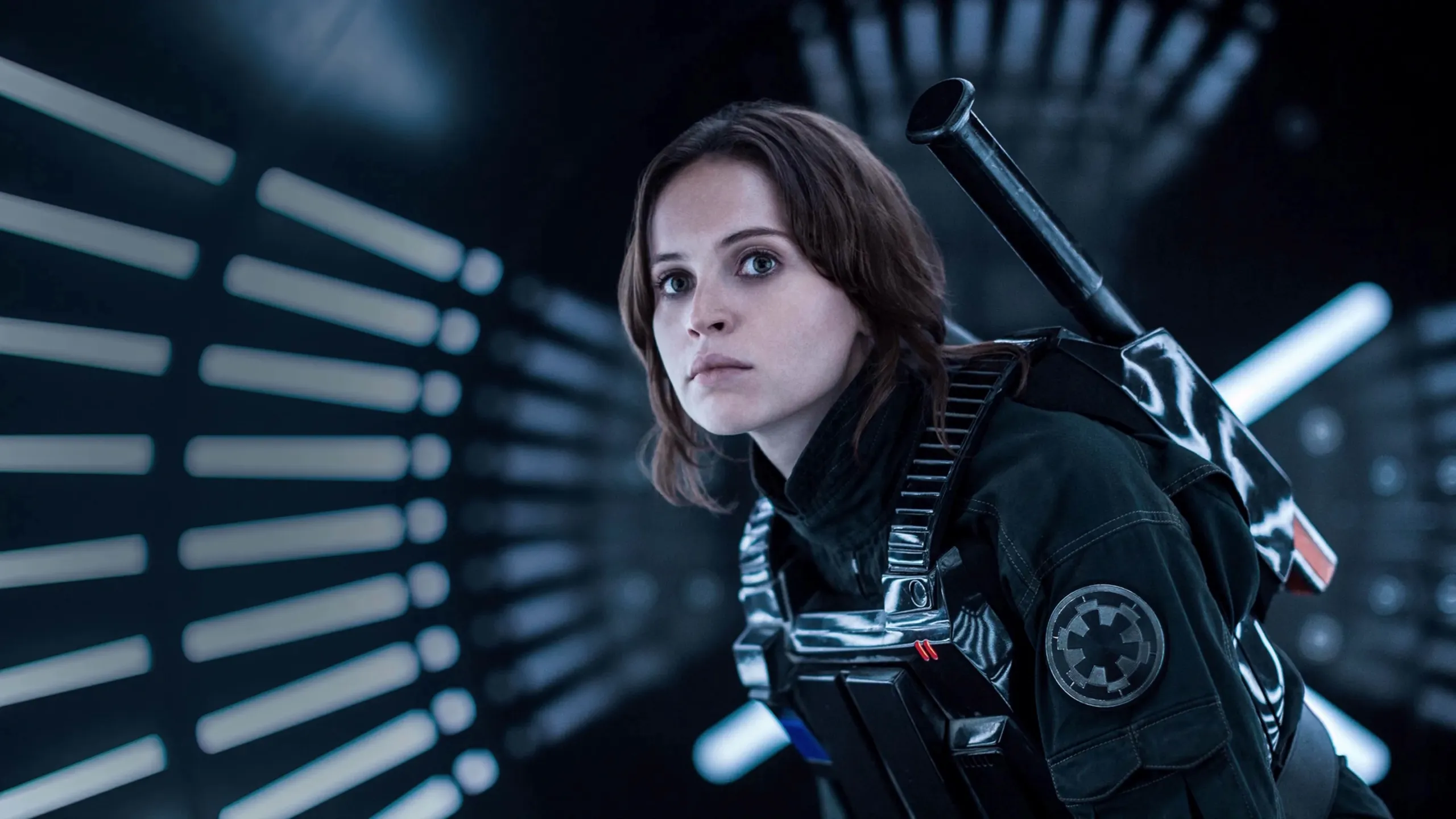 Jyn Eros (Felicity Jones) wearing an imperial disguise in Rogue One: A Star Wars Story.