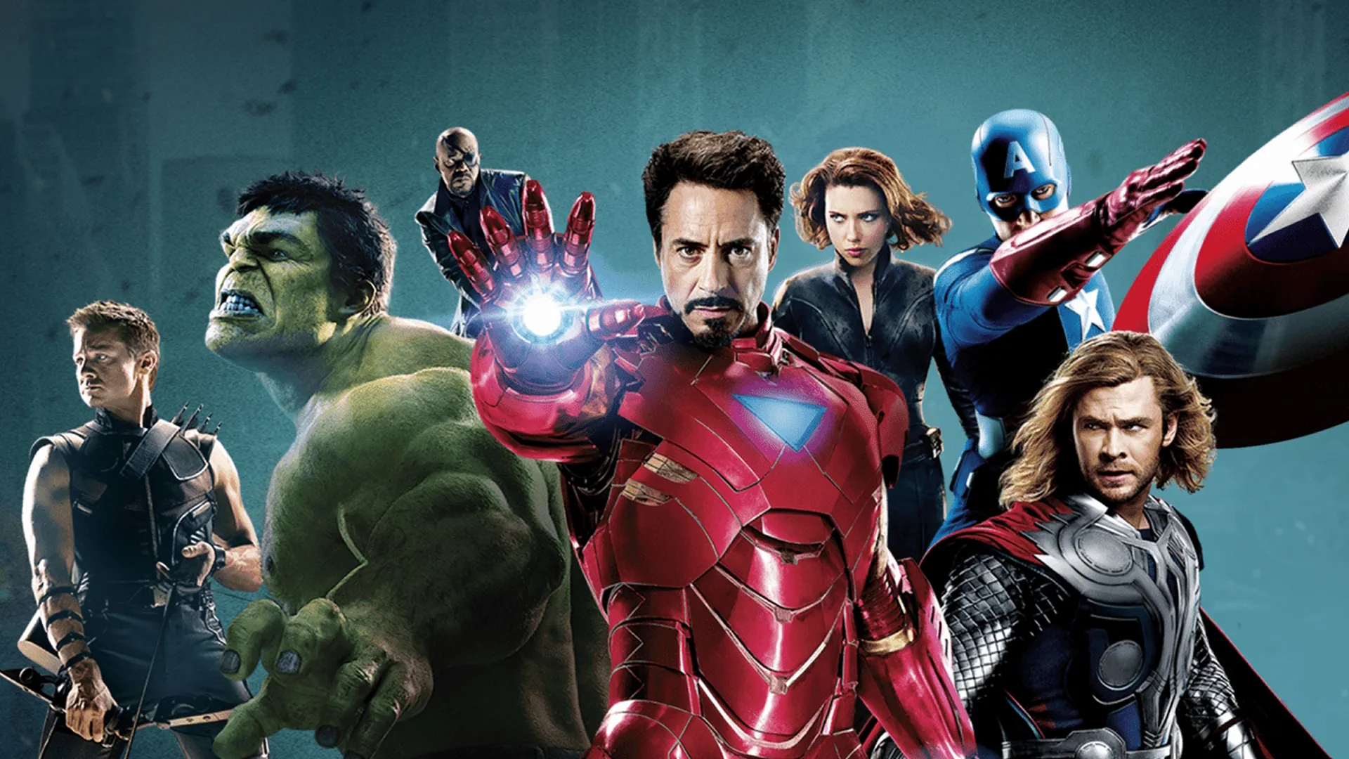 The original six Avengers; Iron-Man, Captain America, Hulk, Thor, Black Widow, and Hawkeye with Nick Fury.