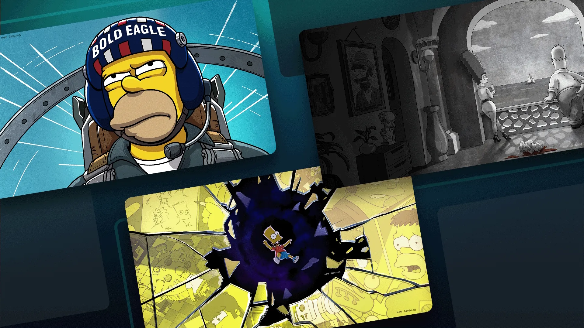 A collage of images from The Simpsons specials Extreme Makeover: Homer Edition, Simpsley, and Yellow Mirror.