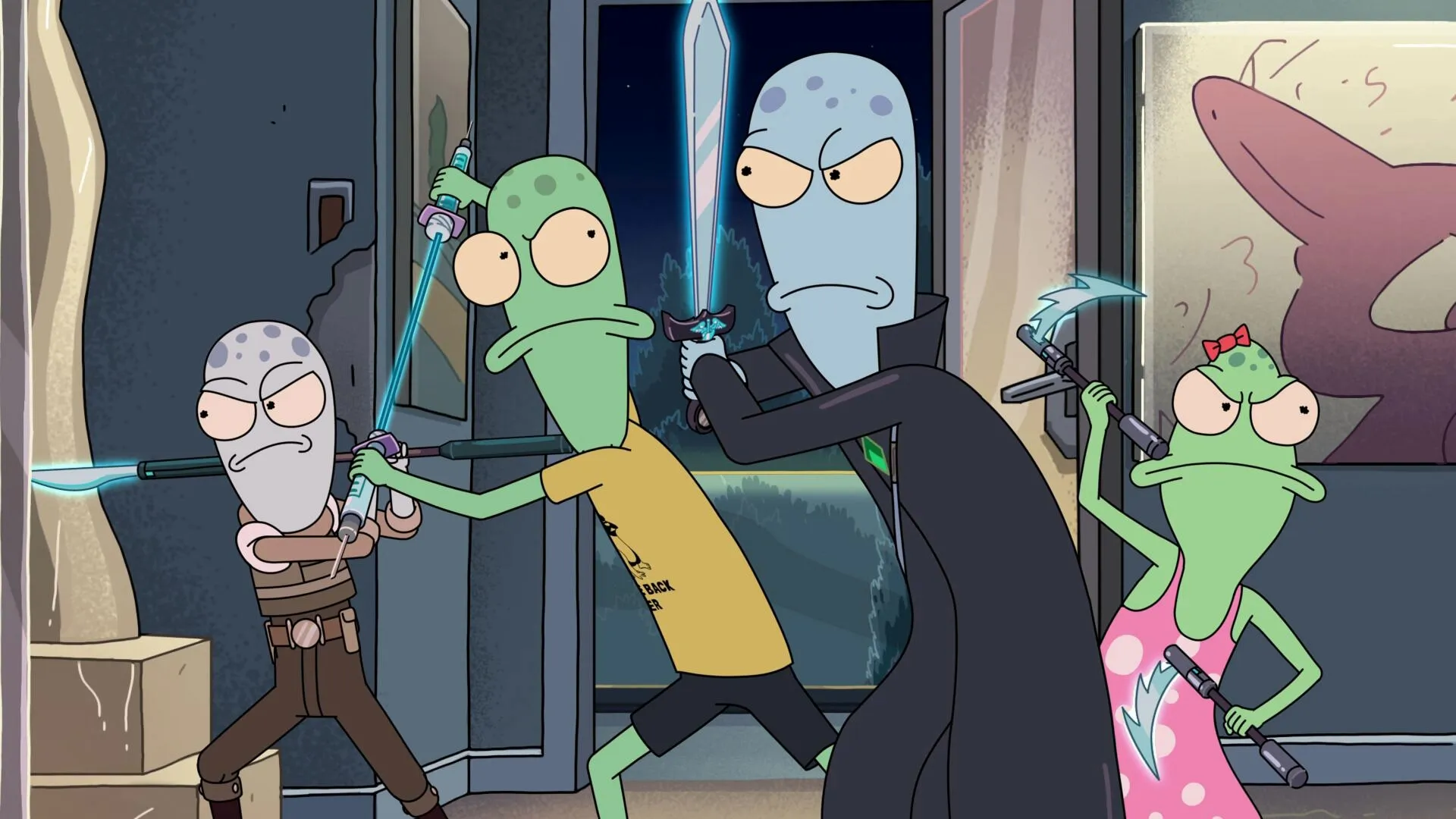 Korvo (Dan Stevens), Yumyulack (Sean Giambrone), Terry and Jesse in Solar Opposites (by Justin Roiland) glowing sword fight