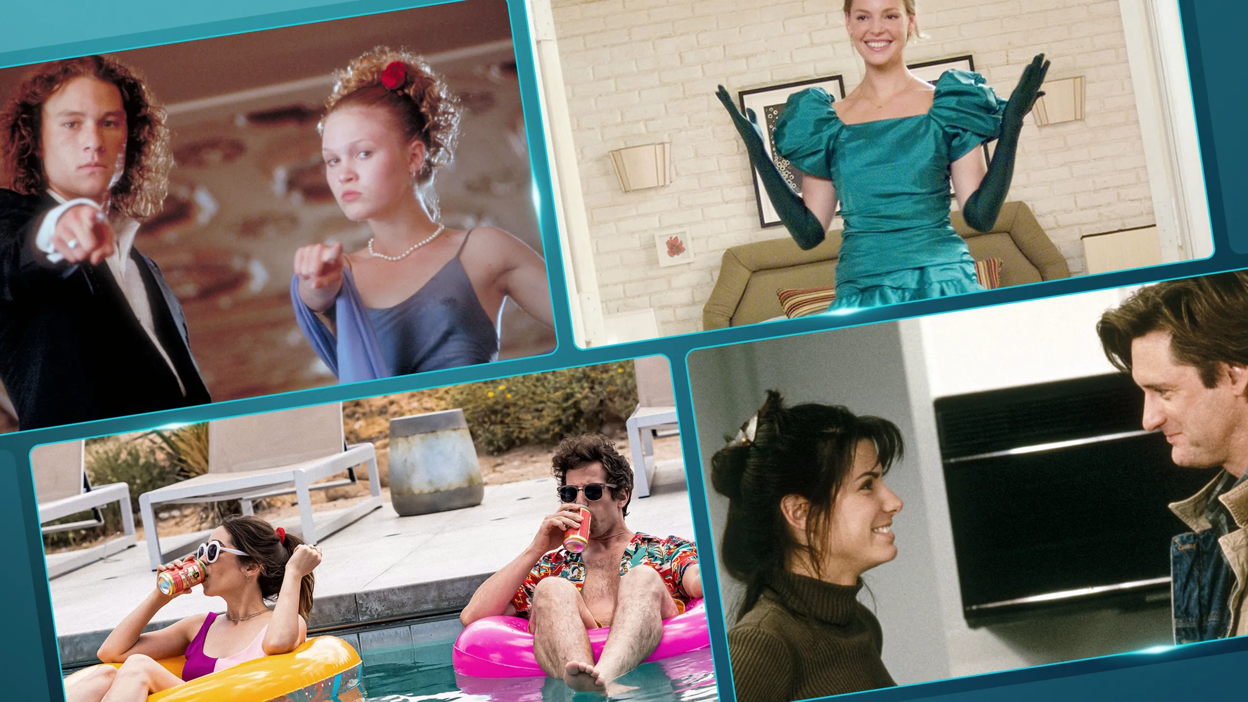 A collage of stills from the movies 10 Things I Hate About You, 27 Dresses, Palm Springs, and While You Were Sleeping