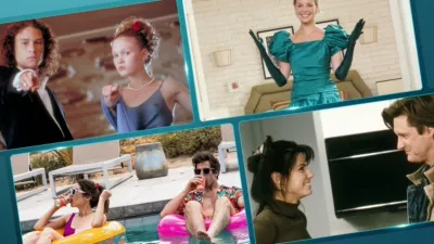 A collage of stills from the movies 10 Things I Hate About You, 27 Dresses, Palm Springs, and While You Were Sleeping