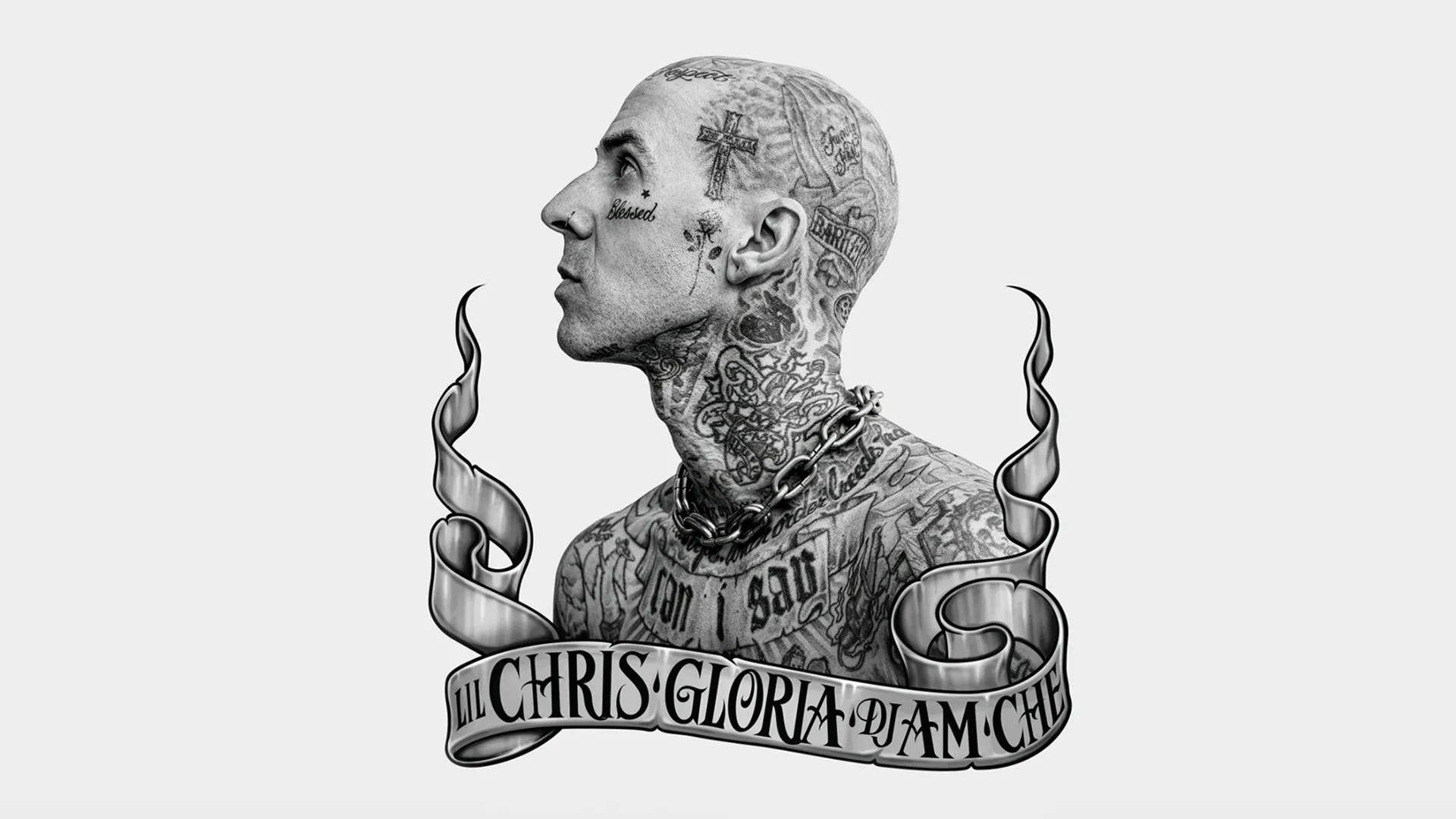This black-and-white portrait features Blink-182 drummer Travis Barker, showcasing his extensive tattoo collection.