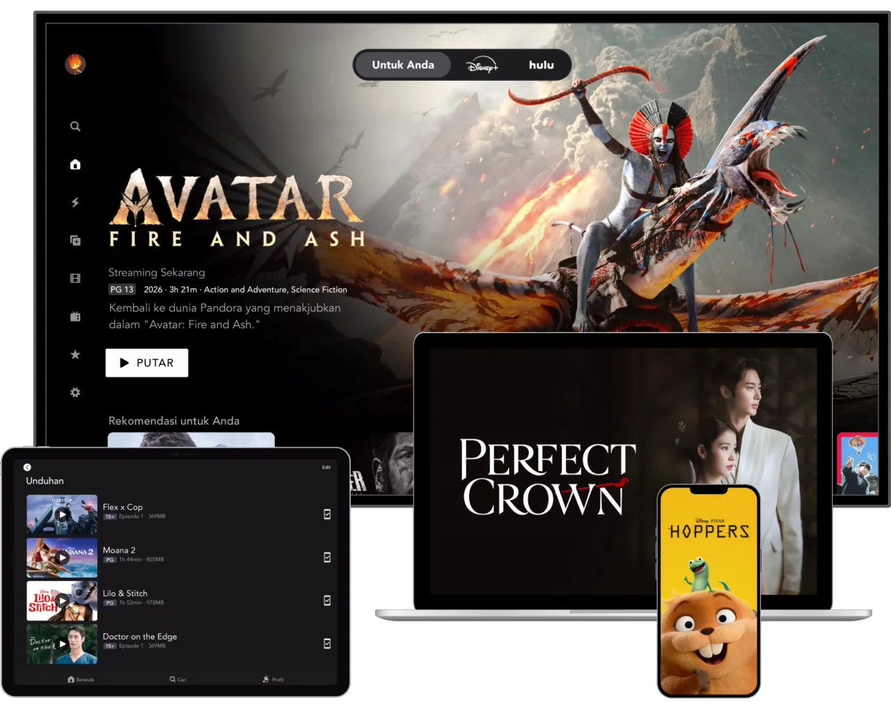 4 Perangkat menampilkan produk Disney+ di TV, Ponsel, Laptop, dan Tablet