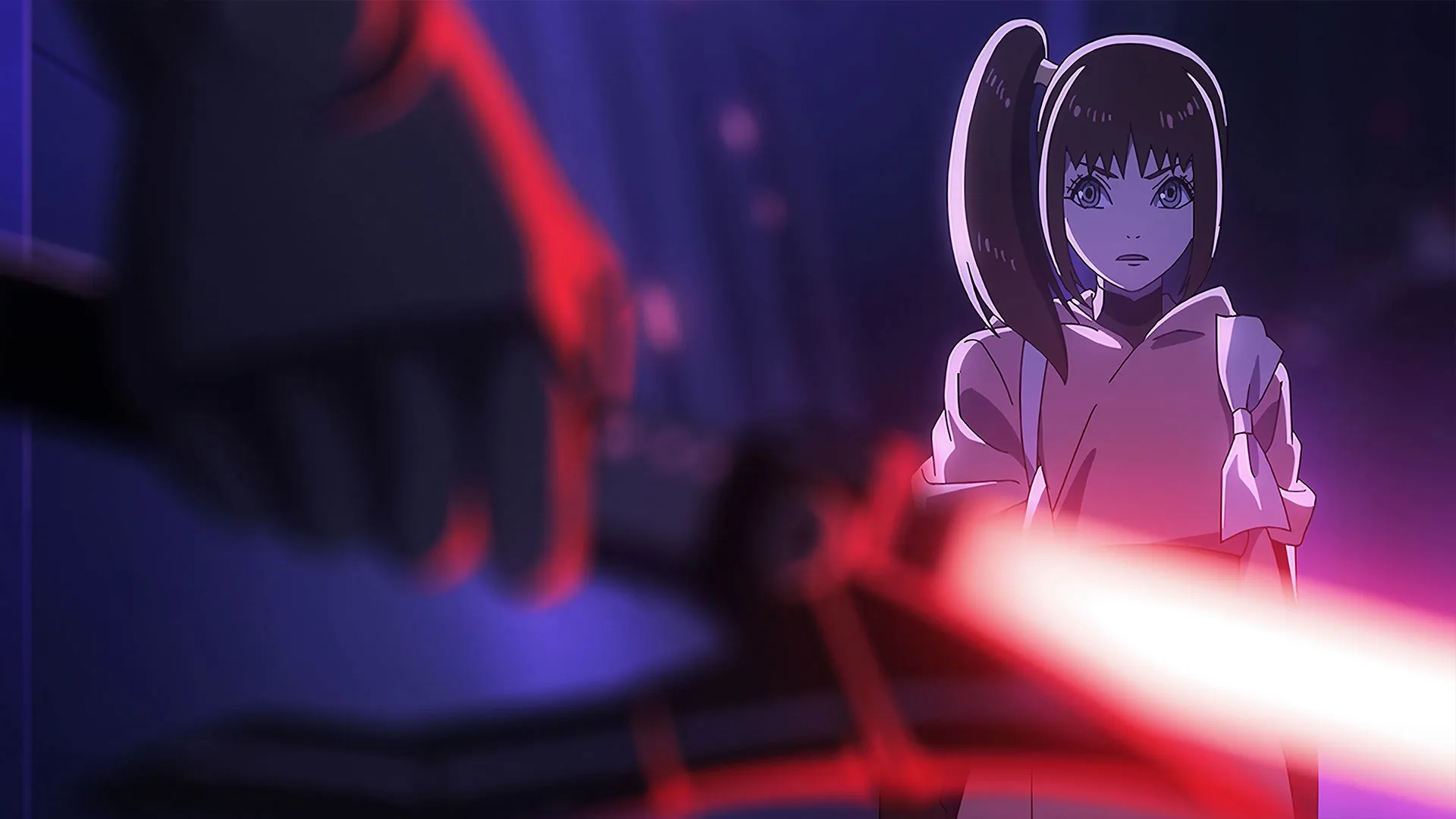 Promotional image for Star Wars: Visions – The Ninth Jedi featuring an animated character illuminated by red lightsaber light.
