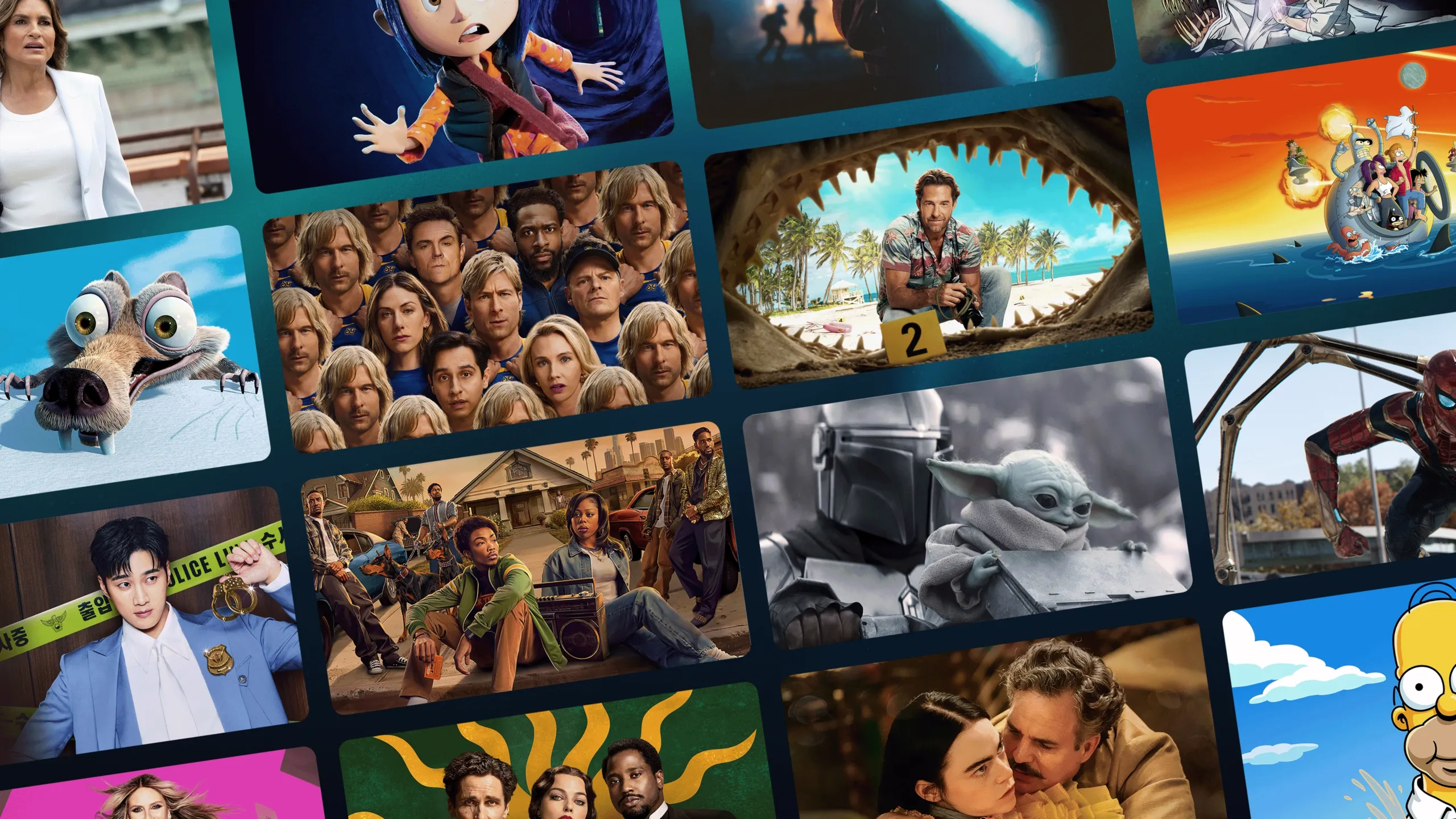 This image shows a collection of original promotional tiles for various popular streaming shows and movies available across platforms like Hulu and Disney+.