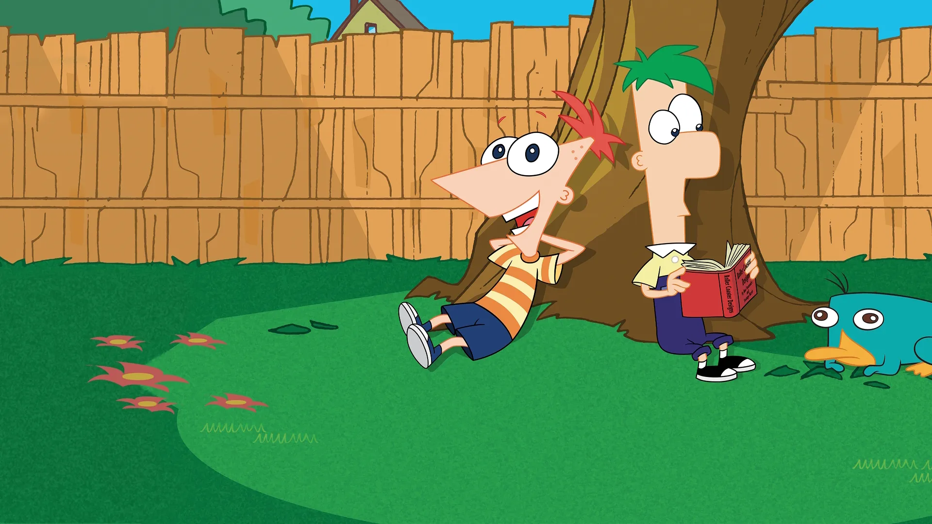 Phineas Flynn, Ferb Fletcher and Perry the Platypus relaxing under a tree in Phineas and Ferb