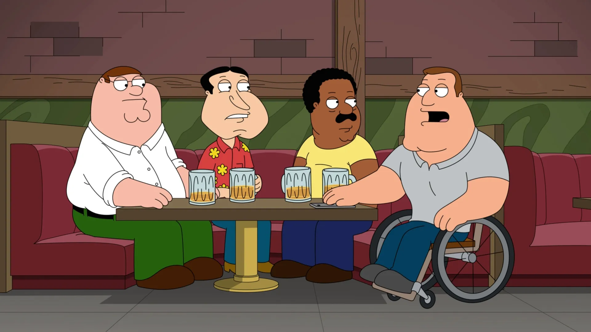 Peter, Quagmire, Joe and Cleveland sat around a table in Family Guy