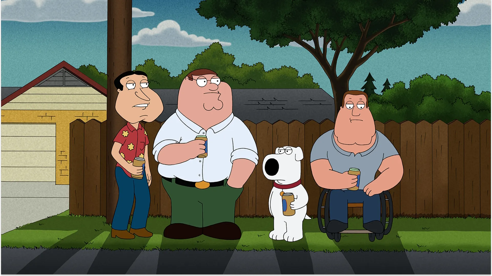 Glenn Quagmire, Peter Griffin, Brian Griffin e Joe Swanson no bairro do Rei do Pedaço