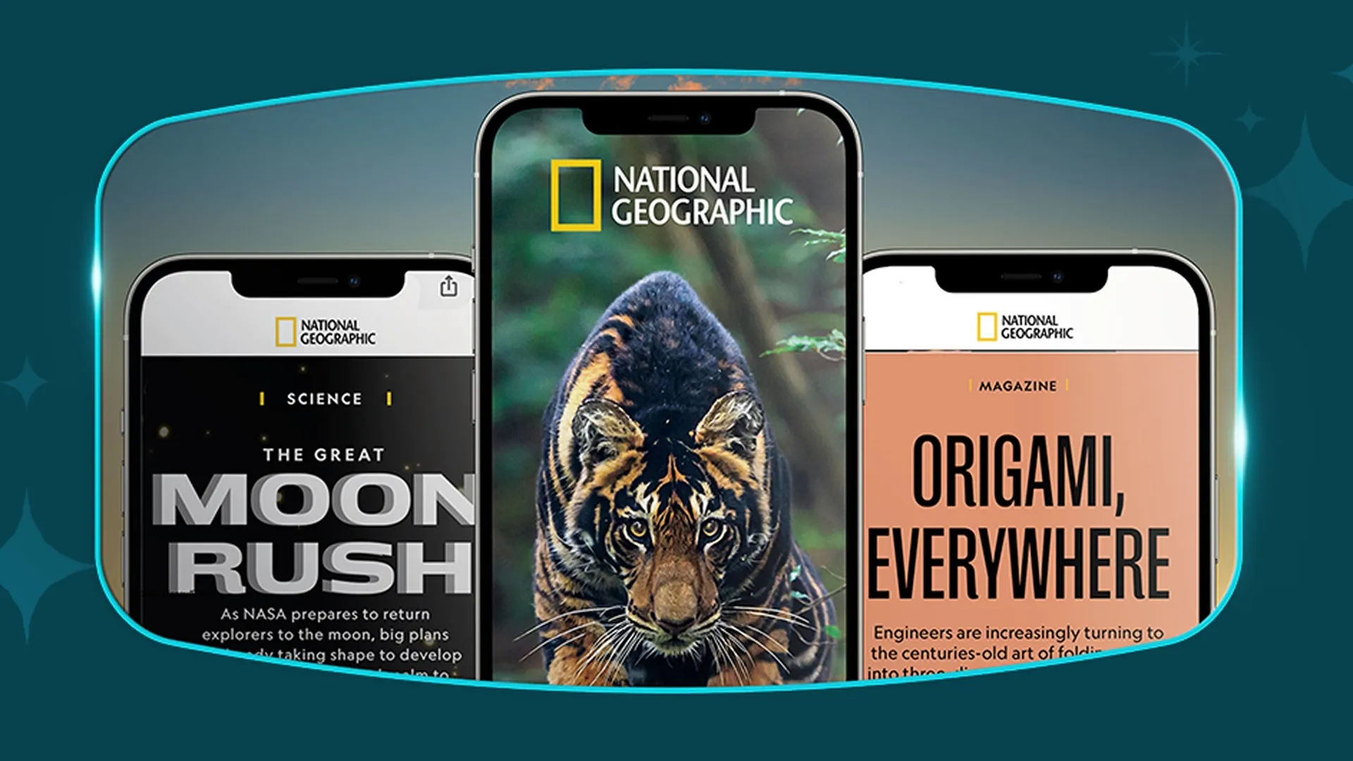 Phone screens featuring articles from National Geographic