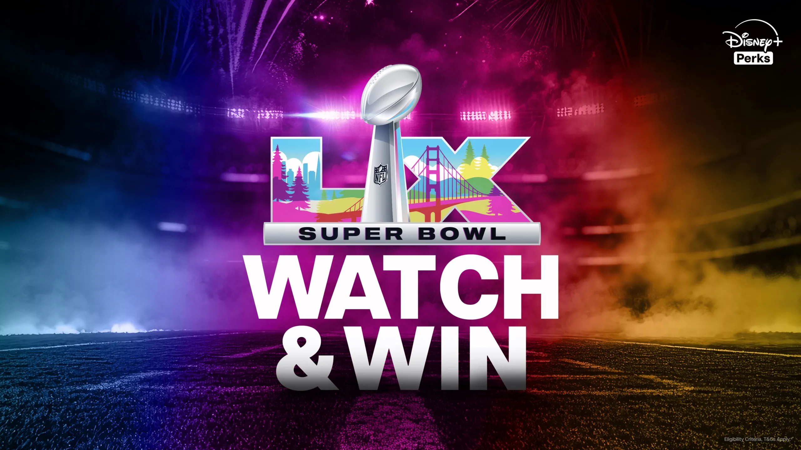 Super Bowl LX logo featuring trophy and perk details.