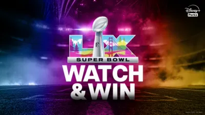 Super Bowl LX logo featuring trophy and perk details.