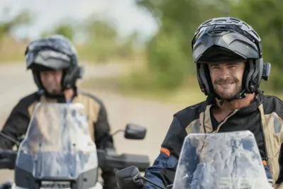 This image features actor Chris Hemsworth during the filming of the National Geographic special Chris Hemsworth: A Road Trip to Remember. Hemsworth and his father, Craig, embarked on an emotional motorcycle journey across Australia