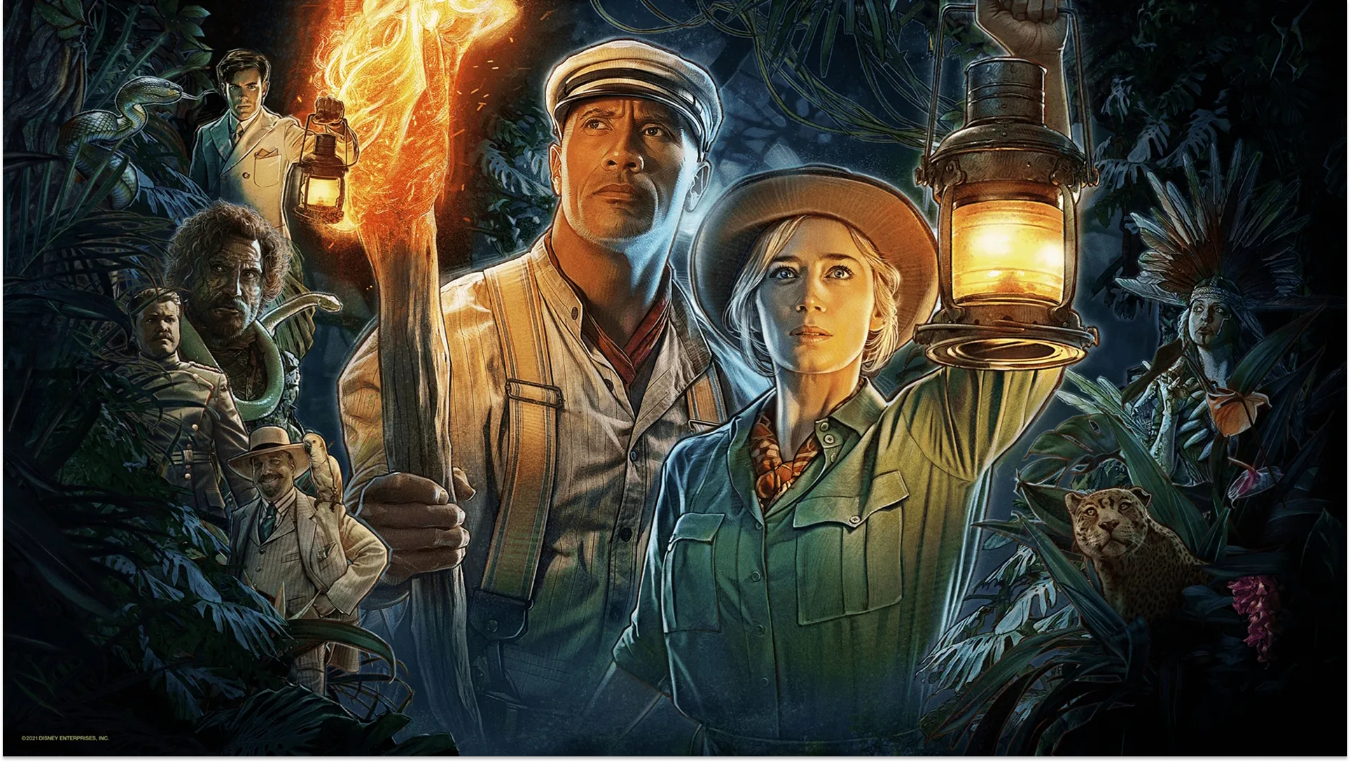 O capitão Frank Wolff (Dwayne Johnson) e a Dra. Lily Houghton (Emily Blunt) em Jungle Cruise