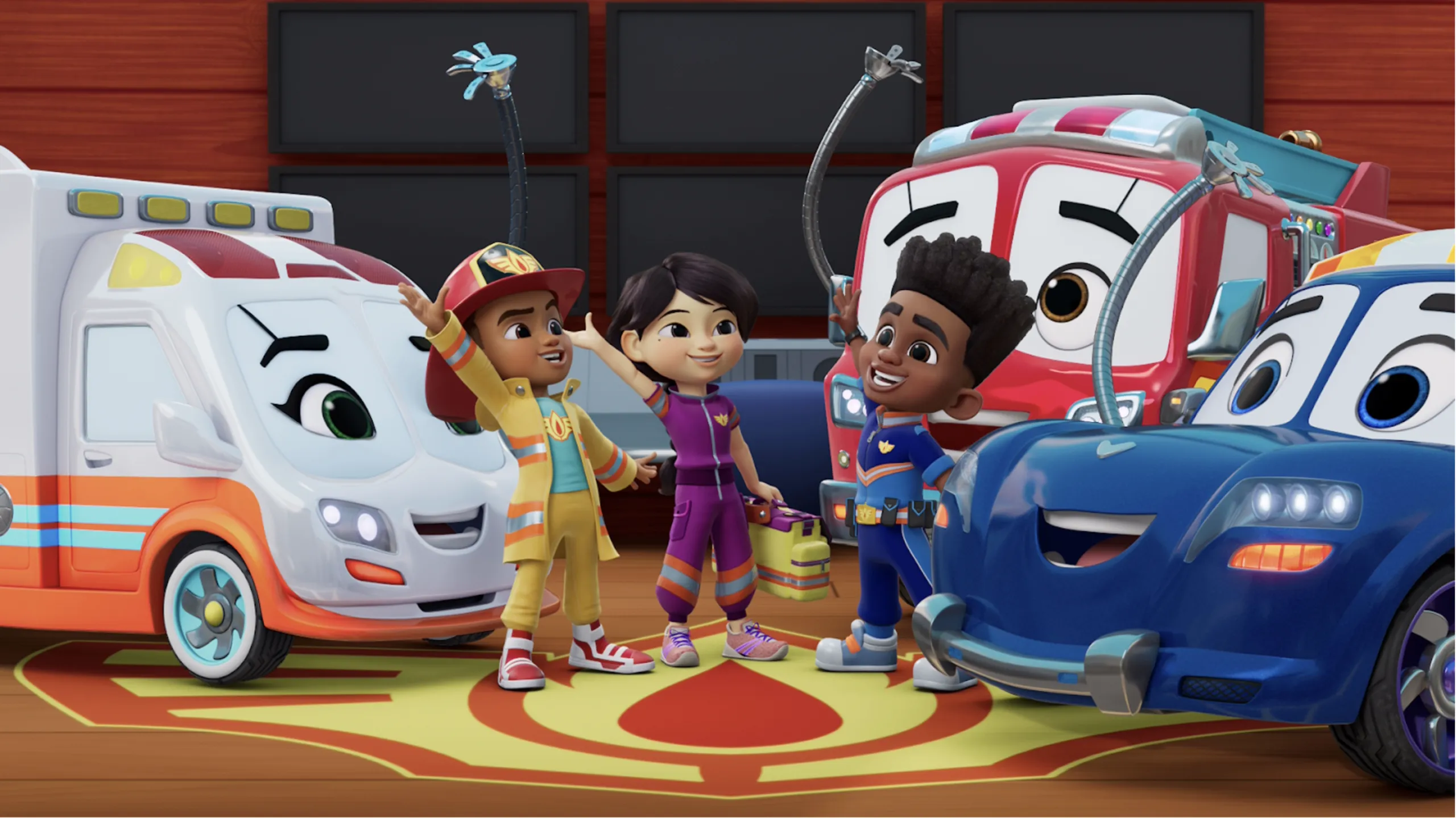 The Firebuds crew celebrate together with their vehicles.