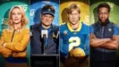 De izquierda a derecha, cuatro personajes de *Chad Powers* aparecen en una cuadrícula de cuatro paneles: Tricia Yeager (Wynn Everett) está de pie con los brazos cruzados y viste una chaqueta amarilla; el entrenador Jake Hudson (Steve Zahn) habla con vehemencia ante un micrófono; Chad Powers (Glen Powell) mira intensamente al frente mientras sostiene una cabeza protésica rubia; y el entrenador Byrd (Quentin Plair) posa con confianza y los brazos cruzados sobre un fondo verde.