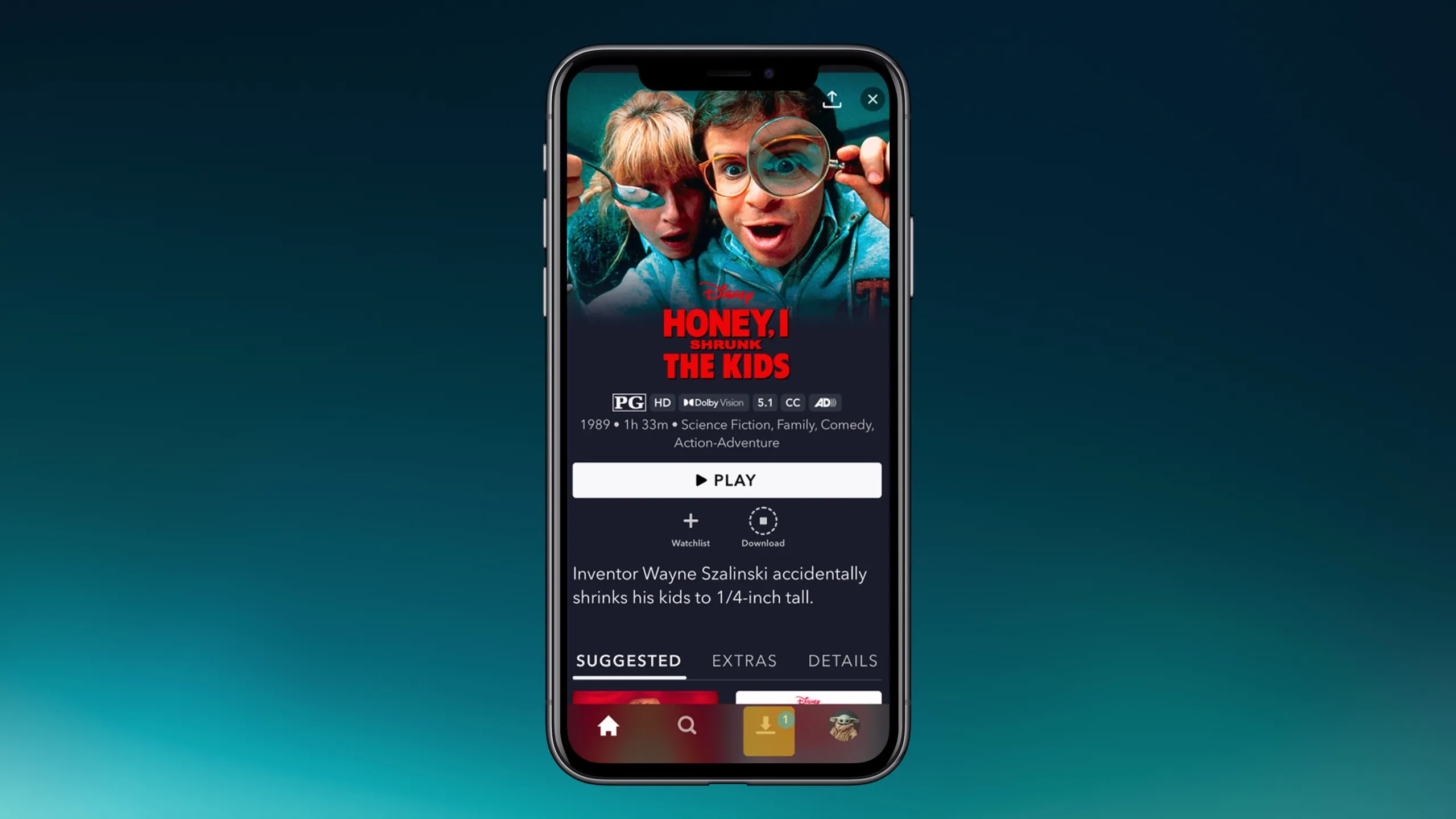 A screenshot of the Honey, I Shrunk the Kids movie page on the Disney+ app with the Downloads tab button highlighted.