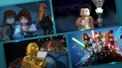 Promo grid showcasing LEGO Star Wars shows and specials on Disney+.