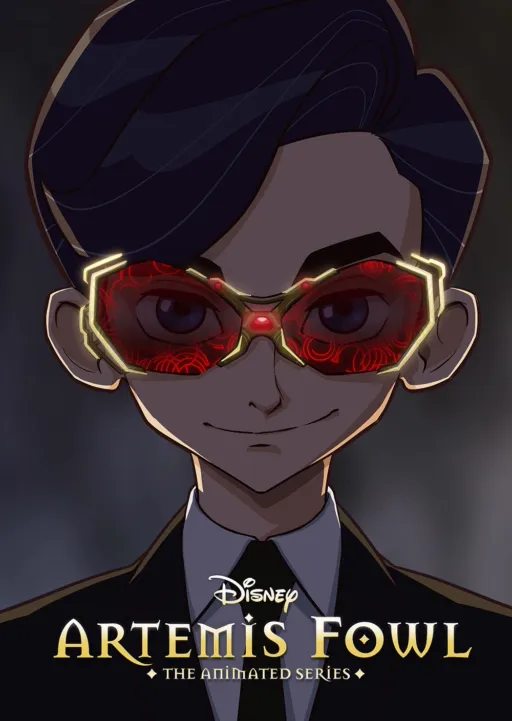Disney’s Artemis Fowl: The Animated Series promotional artwork featuring a close-up animated character in a suit wearing futuristic glowing red and gold glasses.