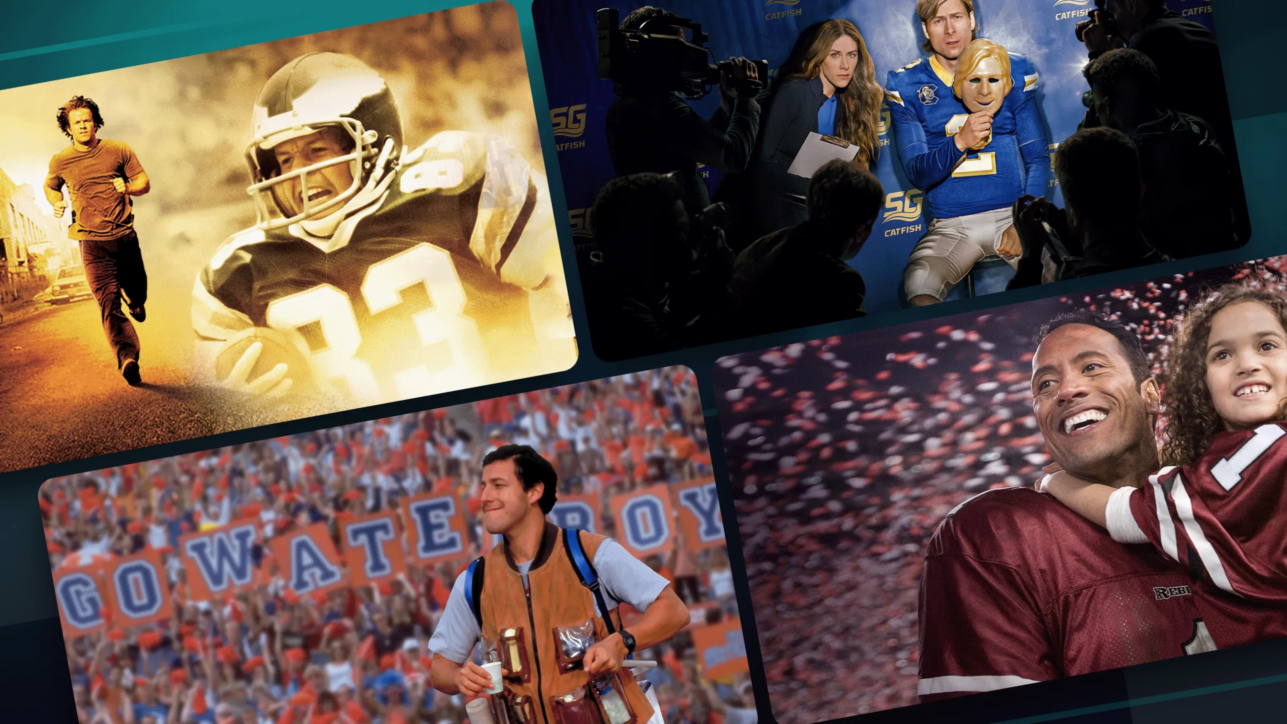 A collage of four different images featuring scenes from various football-related movies and shows, including dramatic character portraits, a press conference, a stadium crowd, and a smiling player holding a young girl.