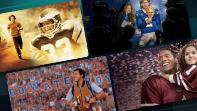 A collage of four different images featuring scenes from various football-related movies and shows, including dramatic character portraits, a press conference, a stadium crowd, and a smiling player holding a young girl.