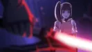 Kara faces an enemy with a red lightsaber.