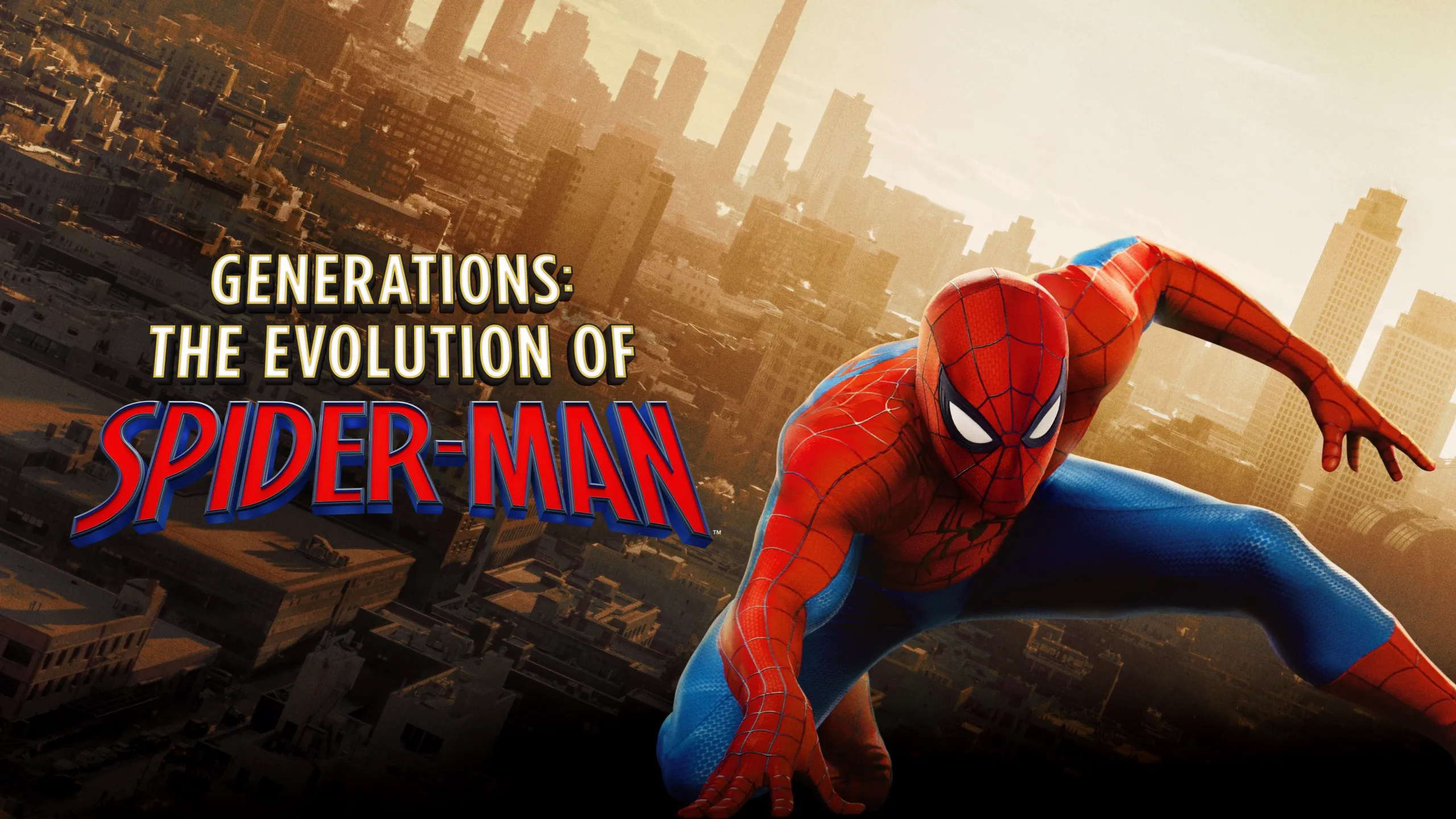 This image is a promotional poster for the Generations: The Evolution of Spider-Man 