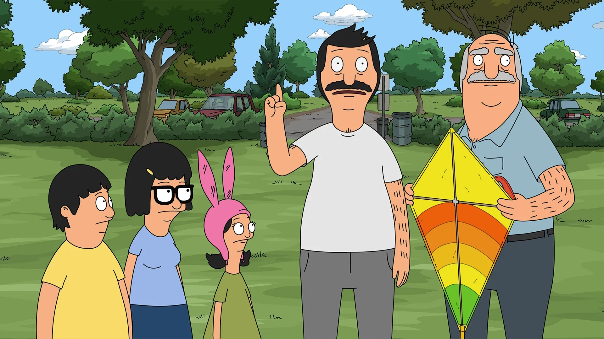 Una escena animada de Bob's Burgers muestra a Bob Belcher (H. Jon Benjamin) levantando el dedo índice para explicar algo, de pie en un parque junto a Gene (Eugene Mirman), Tina (Dan Mintz), Louise (Kristen Schaal) y Teddy (Larry Murphy), que sostiene una cometa rayada de colores